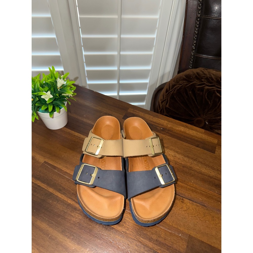 Birkenstock Arizona Navy Tan Split Two Strap Nubuck Sandals Size 37 Womens 6-6.5